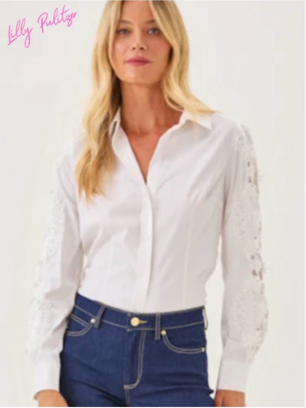 Lilly Pulitzer White Lace-Trim Button Down Shirt XXS - Picture 2 of 8
